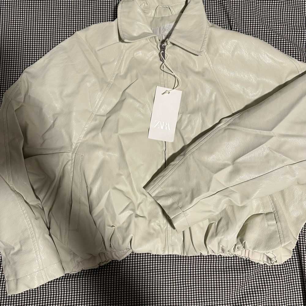 Zara Women's Light Cream leather Bomber Jacket